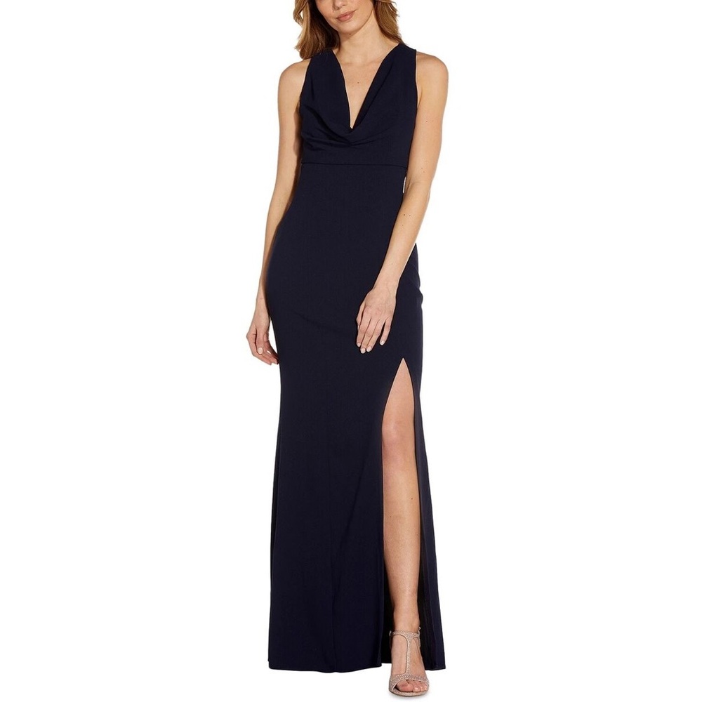 Navy Cowl Neck Formal Dress